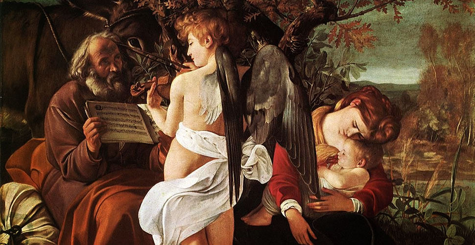 Ne "Il Riposo durante la fuga in Egitto", conservato alla Galleria Doria-Panphilj a Roma e datato tra il 1595 e il 1600, il Caravaggio immagina un angelo con le ali di una rondine