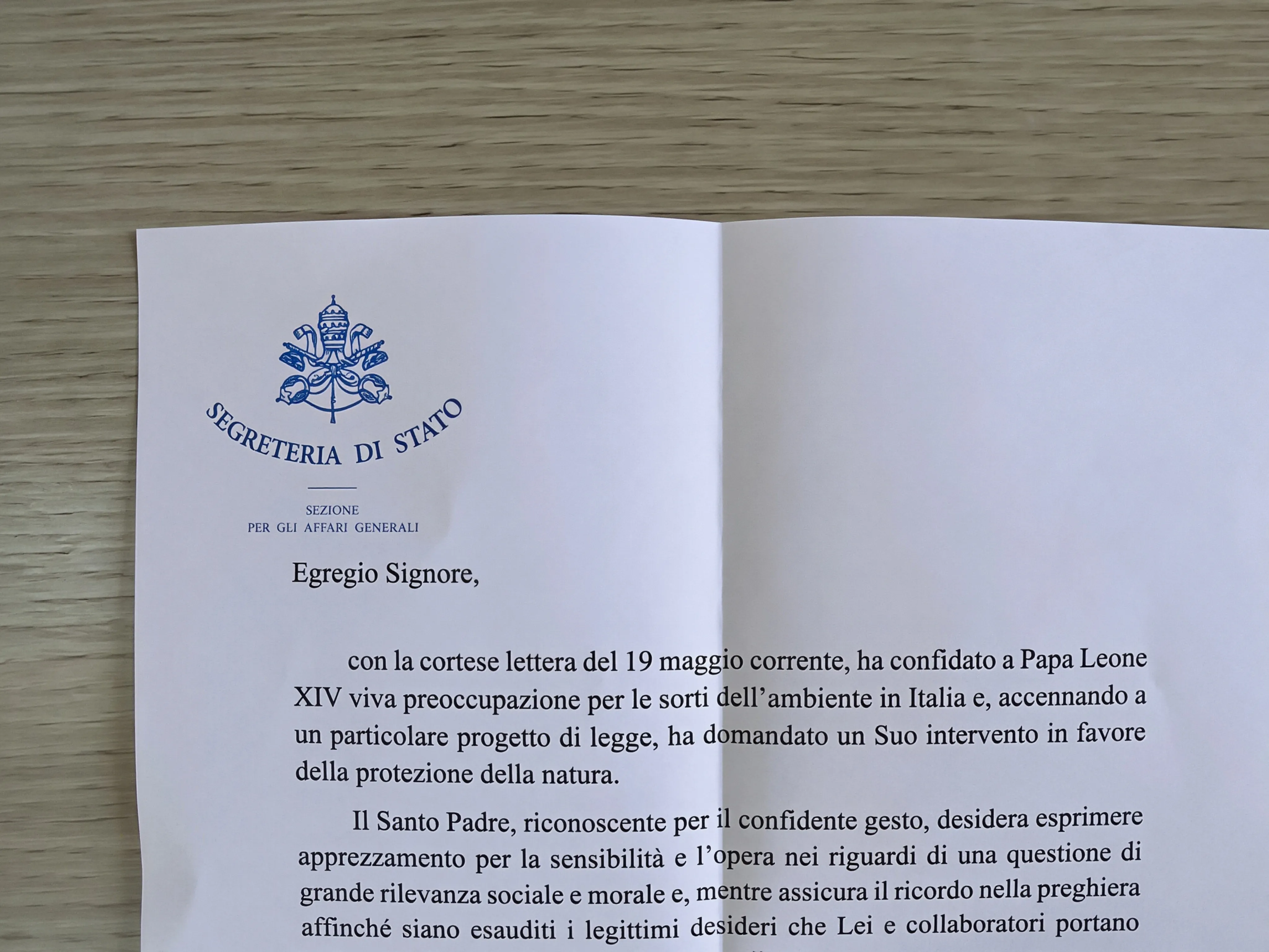 L'inizio della lettera della Segreteria di Stato del Vaticano